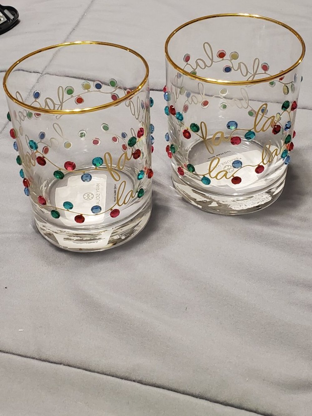 Mary Square Rhinestone Lights Rocks Glass Set -Gold Rim Brand New! Great Gift! - Picture 2 of 14